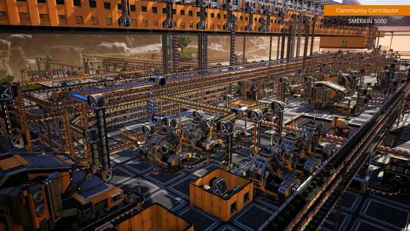 A detailed, sprawling factory layout in the video game Satisfactory, showcasing intricate machinery and conveyor systems within an expansive industrial environment.