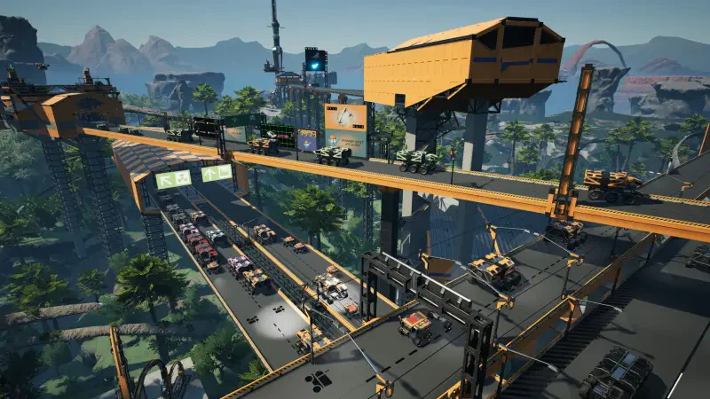 A complex network of conveyor belts and vehicles in a lush environment, showcasing an industrial landscape from the video game Satisfactory.