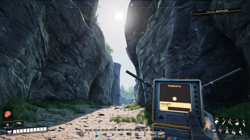 A rocky canyon scene from the video game Satisfactory, featuring a handheld device displaying data, with sunlight filtering through the cliffs above.