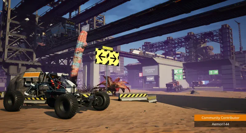 A scene from the video game Satisfactory, featuring a vehicle in a sandy environment with industrial structures and a towering signpost, showcasing the game's unique blend of exploration and construction.