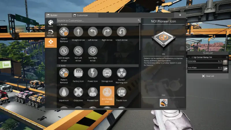 The image displays a user interface from the video game Satisfactory, showcasing various icons and options for building and managing an industrial factory environment.