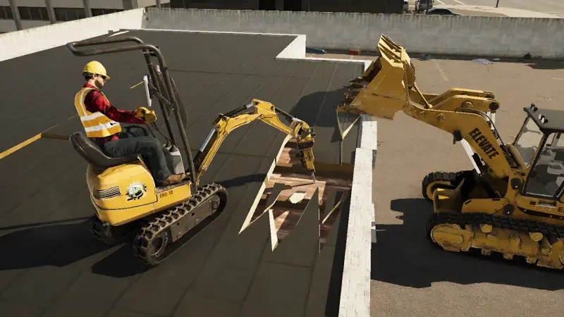 A construction scene from the video game Demolish & Build 3, featuring two excavators working on a rooftop, with one lifting wooden planks and the other in action nearby.
