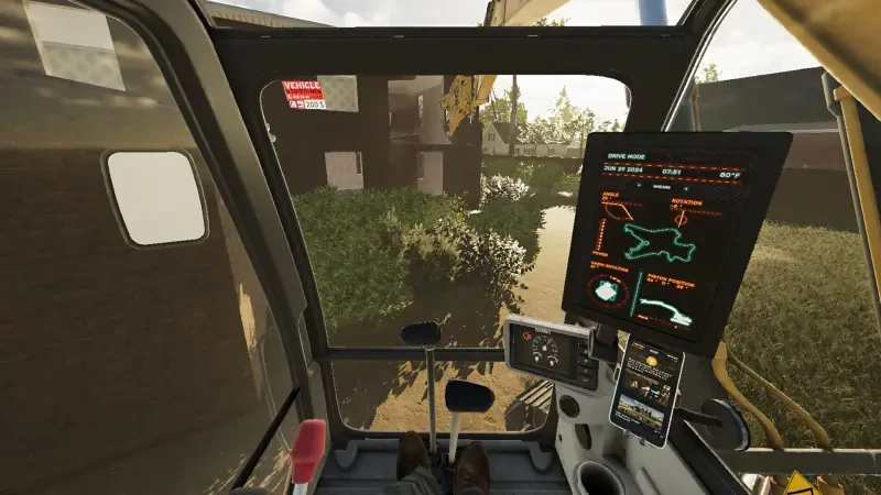 A view from inside a construction vehicle in the video game Demolish & Build 3, showing controls and an outdoor environment filled with vegetation.
