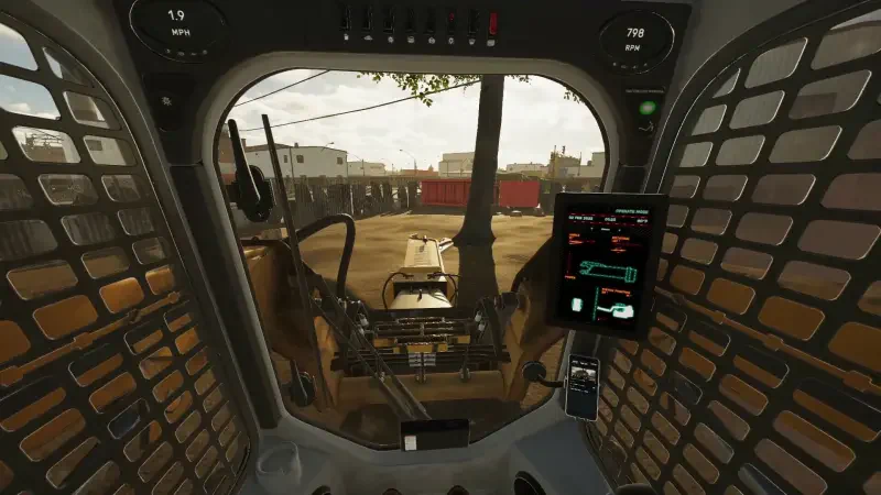 A first-person view from inside a construction vehicle in the video game Demolish & Build 3, showcasing dashboard controls and an outdoor demolition site.