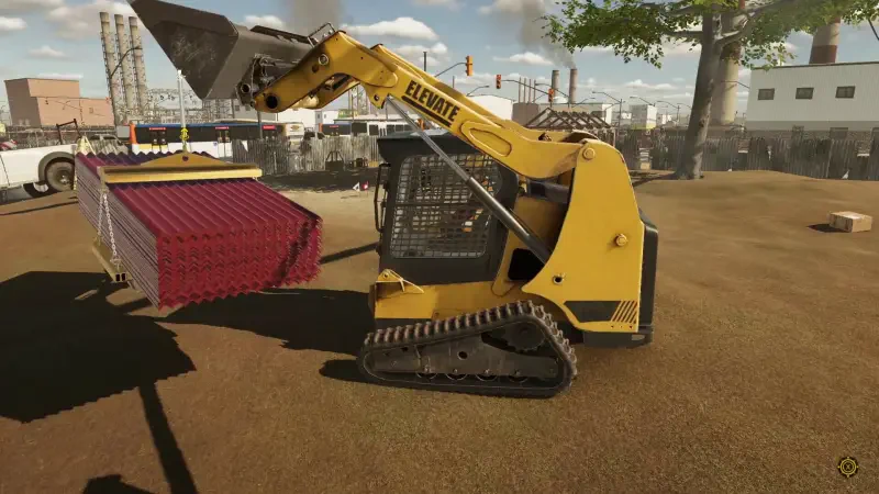 A yellow skid steer loader maneuvers a red stack of pallets on a dirt site, showcasing the construction and demolition action in the video game Demolish & Build 3.