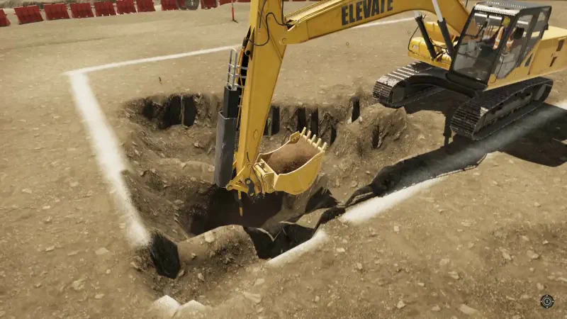 An excavator digs a large hole in a construction site, showcasing gameplay from the video game Demolish & Build 3, emphasizing demolition and construction mechanics.
