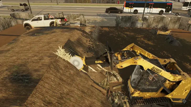A construction scene from the video game Demolish & Build 3, showcasing machinery demolishing a building with vehicles and urban surroundings in view.