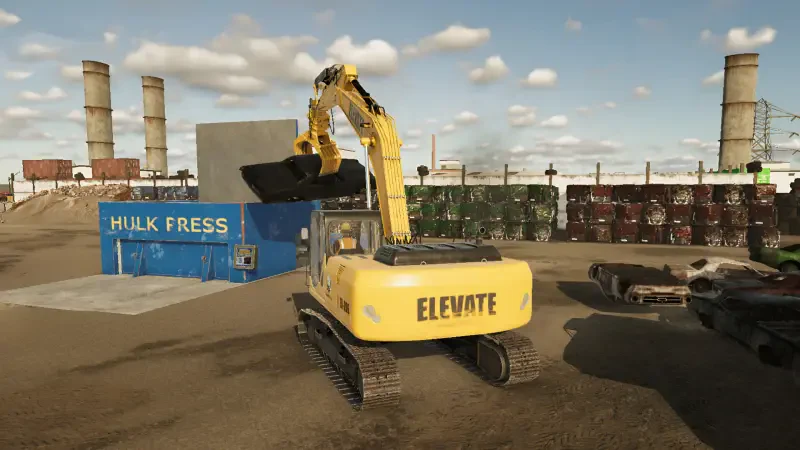 A construction scene from the video game Demolish & Build 3, featuring a yellow excavator at work near a blue container labeled HULK PRESS amidst a backdrop of industrial structures.