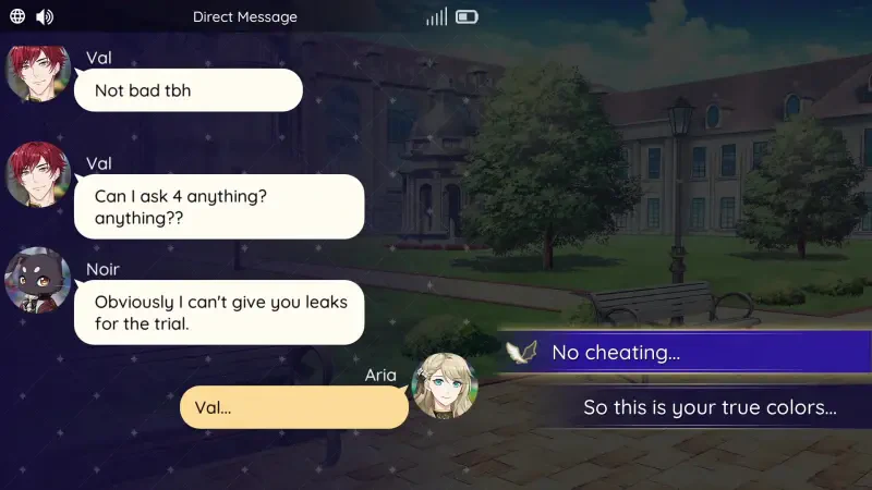 A scene from Celestia: Chain of Fate showing a character chat with messages about asking for information and interactions between characters Val, Noir, and Aria.