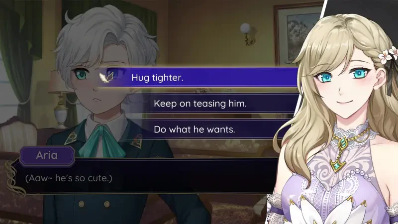 A scene from the video game Celestia: Chain of Fate, featuring a dialogue choice with a character named Aria expressing affection, set in a charming interior.