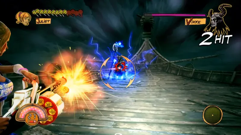 A scene from the video game LOLLIPOP CHAINSAW RePOP, featuring a character firing a weapon at a glowing target amidst a dark, atmospheric background.