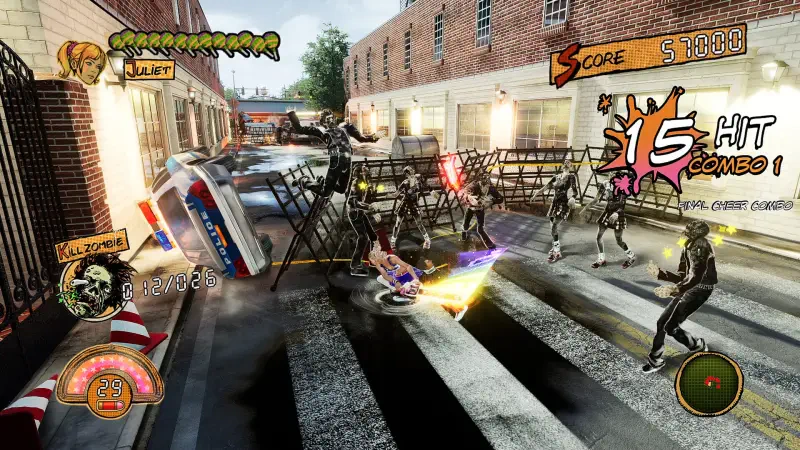 A vibrant scene from the video game Lollipop Chainsaw RePOP, featuring a protagonist battling zombies amidst urban chaos, showcasing combos and score highlights.