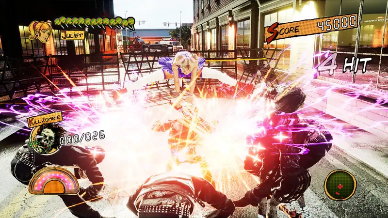 A dynamic scene from the video game LOLLIPOP CHAINSAW RePOP, featuring a character unleashing a powerful attack amidst a vibrant explosion of color and action.