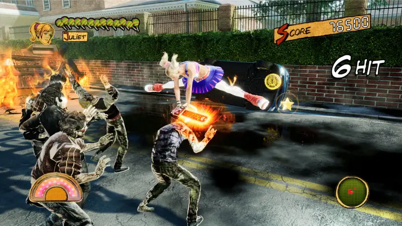 A scene from LOLLIPOP CHAINSAW RePOP, featuring a character in a vibrant outfit performing an acrobatic attack on zombies amid a chaotic urban backdrop, showcasing vibrant colors and action.