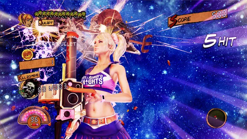 A character from the video game Lollipop Chainsaw RePOP, wielding a chainsaw, stands against a vibrant space backdrop, showcasing an energetic score and gameplay elements.