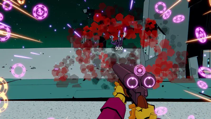 A colorful action scene from the video game Wild Bastards, showcasing a character aiming a gun with vibrant projectiles and explosions in the background.