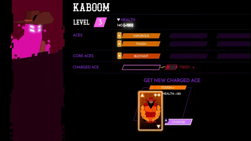 A user interface from the video game Wild Bastards, displaying character stats for Kaboom at level 3, with options for health and core aces.
