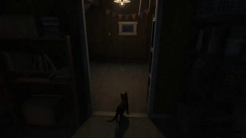 A dimly lit doorway from the video game Fears to Fathom - Woodbury Getaway, featuring a cat in the foreground, looking into the darkened room beyond.