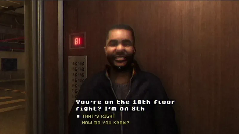 A character in Fears to Fathom - Woodbury Getaway stands in an elevator, engaging in conversation about their floor; the mood is casual yet suspenseful.