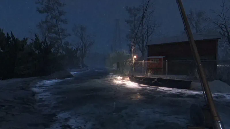A dimly lit winter scene from the video game Fears to Fathom - Woodbury Getaway, featuring a narrow path, barren trees, and a house shrouded in an eerie atmosphere.
