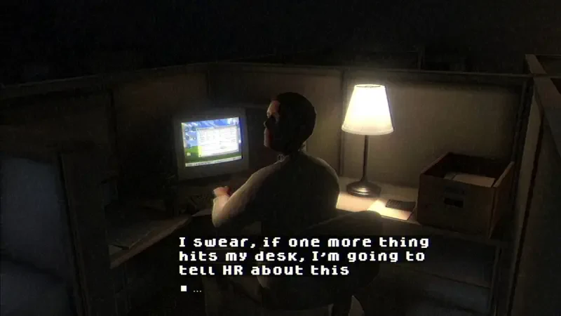 A dimly lit scene from the video game Fears to Fathom - Woodbury Getaway, featuring a person at a desk, expressing frustration over disturbances at work, illuminated by a lamp.