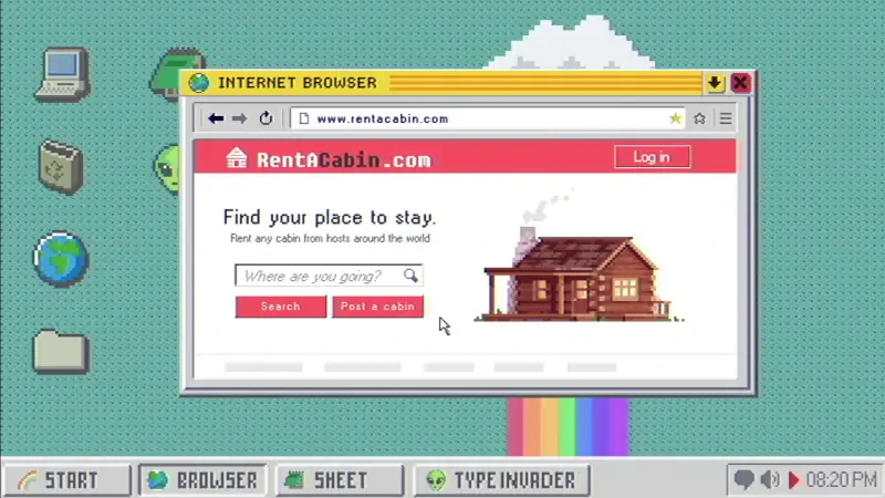 An internet browser window displays the website RentACabin.com, featuring a search bar for vacation rentals, within the retro-style aesthetic of the video game Fears to Fathom - Woodbury Getaway.