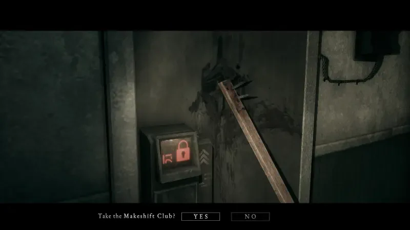 A scene from the video game Hollowbody, featuring a player decision screen with a makeshift club and an unlocked door, set in a dimly lit, eerie environment.