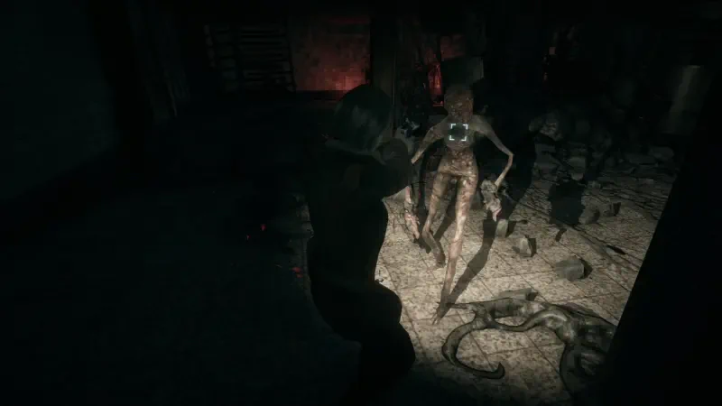 A dark scene from the video game Hollowbody, featuring a menacing figure and eerie surroundings, hinting at tension and suspense within the gameplay.