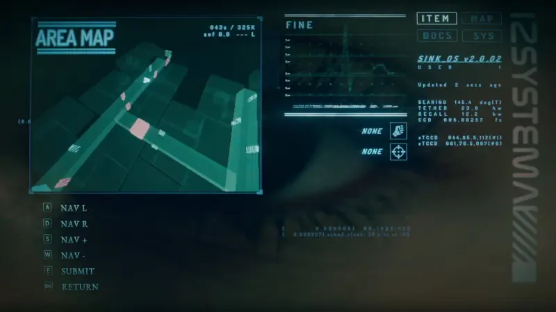 An interactive area map from the video game Hollowbody, displaying navigational paths and system data with various stats and item information on the interface.