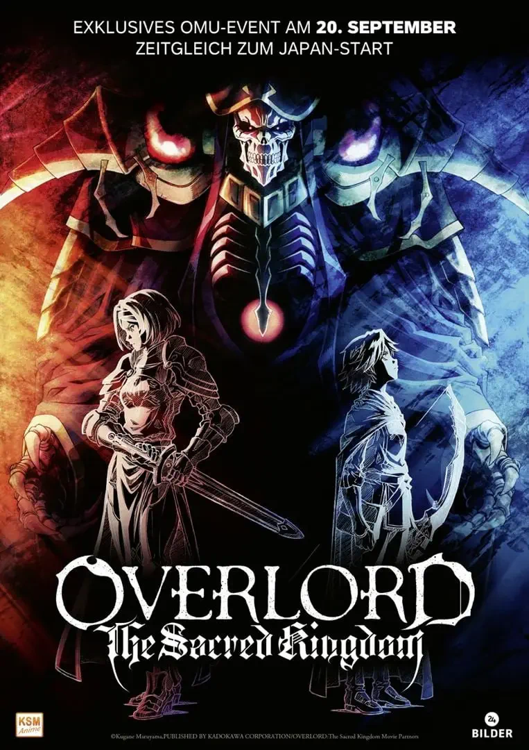 Anime poster for Overlord: The Sacred Kingdom, featuring iconic characters in a dramatic, colorful design with a prominent figure in armor amidst a mystical background.