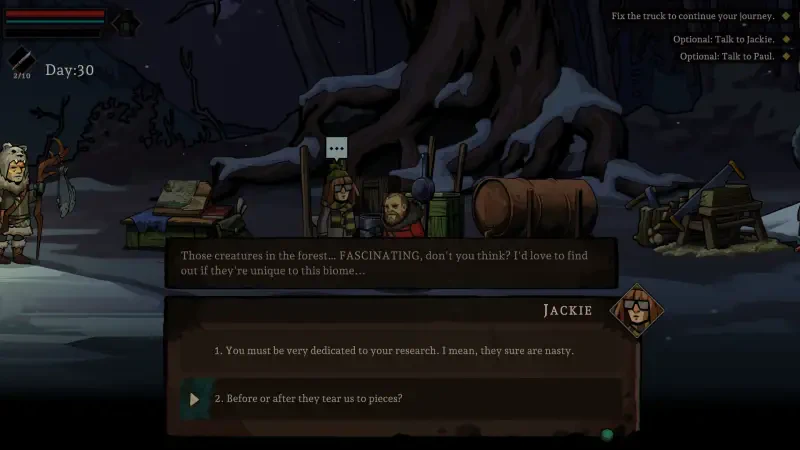 A scene from the video game Edge of Sanity, featuring characters engaged in dialogue while surrounded by a winter landscape and camp setup. The narrative reveals intriguing insights.