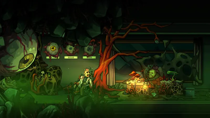 A desolate scene from the video game Edge of Sanity, featuring eerie green tones, twisted trees, and mysterious machinery in a dimly lit environment.