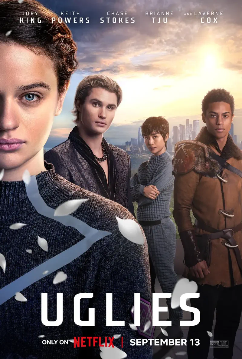 Promotional image for the movie Uglies, featuring four characters against a city skyline, highlighting themes of identity and societal standards. Streaming on Netflix September 13.