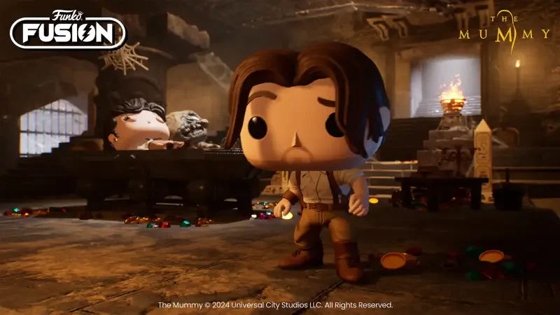 A Funko Fusion scene featuring a stylized character in an adventure setting, surrounded by treasures and artifacts, inspired by the classic video game The Mummy.