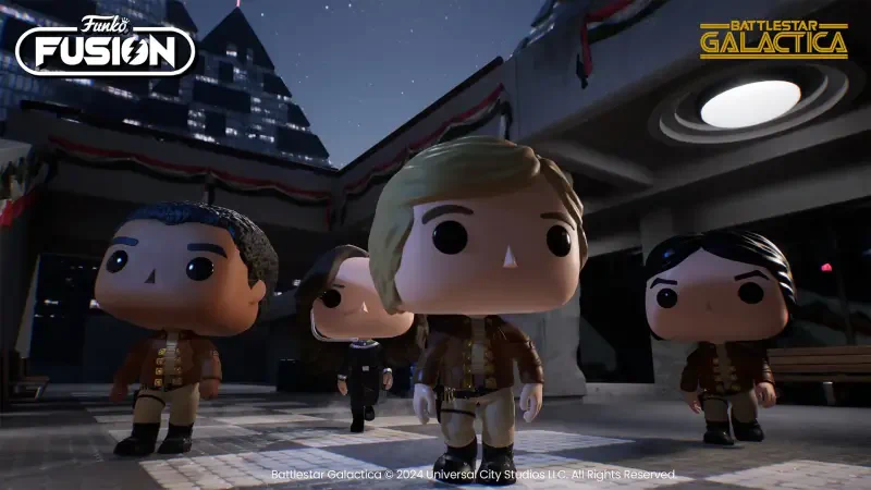 Three Funko Fusion characters from Battlestar Galactica stand in an urban setting, featuring playful designs against a nighttime backdrop.