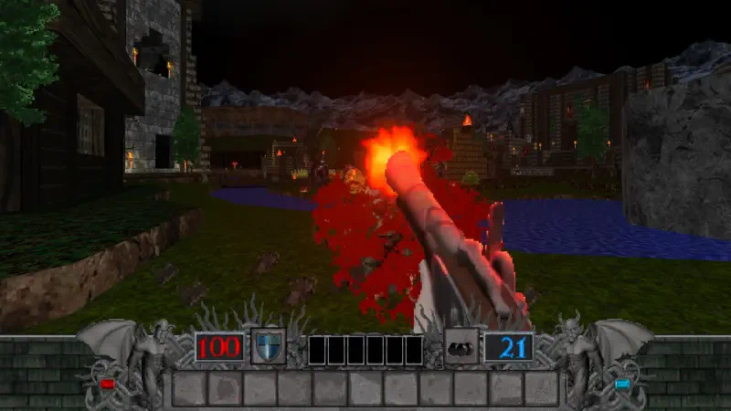 A scene from the video game Hands of Necromancy II, showcasing a character firing a weapon that emits a fiery blast, with a dark landscape and a river in the background.