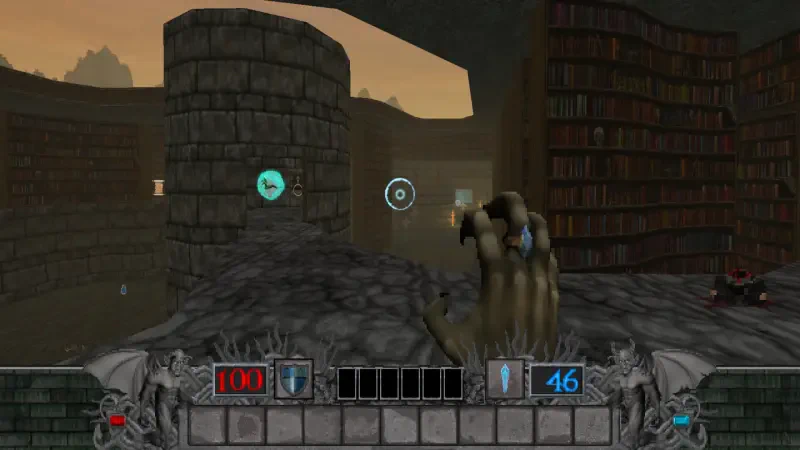 A scene from Hands of Necromancy II, showcasing a hand casting spells in a dark, atmospheric setting with stone structures and a library backdrop. UI elements display health and mana.