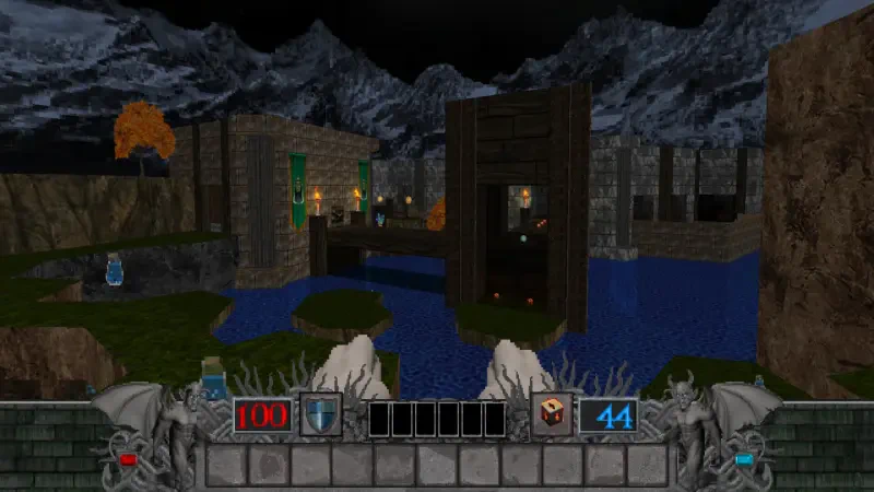 A scene from the video game Hands of Necromancy II, showcasing a fantasy landscape with mountains, water, and medieval structures, featuring a player interface at the bottom.