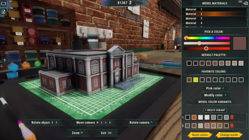 A screenshot from the video game Train Yard Builder, showcasing a 3D model of a building on a green grid with various material and color options available for customization.