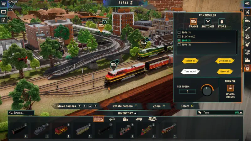 A detailed scene from the video game Train Yard Builder, showcasing a vibrant train yard with multiple trains, tracks, and interactive settings for gameplay.