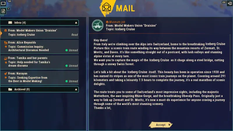 A screenshot from the video game Train Yard Builder, showcasing an in-game mail interface with details about the Iceberg Cruise and scenic routes in Switzerland.