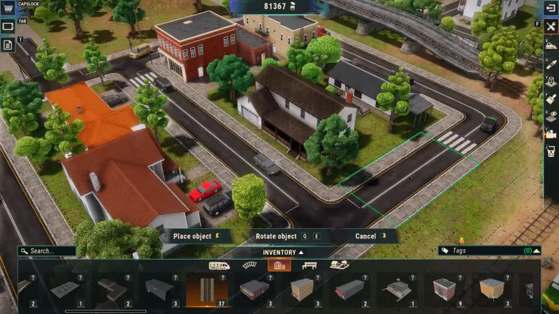 A vibrant scene from the video game Train Yard Builder, showcasing a detailed train yard with buildings, roads, and lush greenery, inviting players to create their own railway masterpiece.