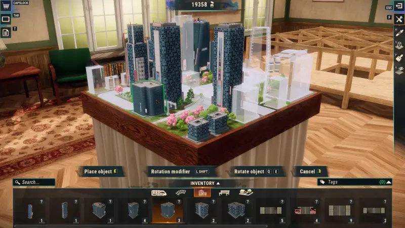 A detailed digital model of a cityscape displayed in Train Yard Builder, showcasing various tall buildings and greenery on a table with a cozy interior background.