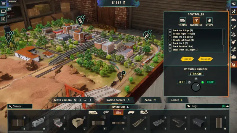 A detailed view of the Train Yard Builder video game interface, showcasing a miniature train yard with buildings, greenery, and control options for train management.