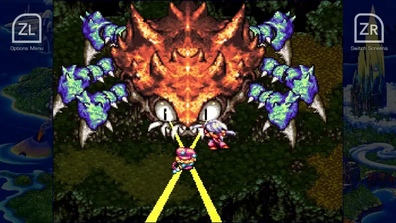 A vibrant scene from the video game Collection of Mana, featuring a character facing a fiery, multi-limbed monster in a fantastical environment.