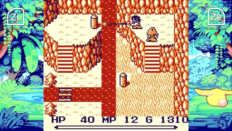 A vibrant scene from the game Collection of Mana, showcasing a character navigating a rocky landscape with stairs and a creature, complete with retro graphics and gameplay elements.