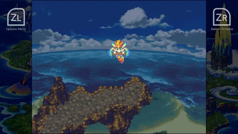 A vibrant scene from the video game Collection of Mana, featuring a character soaring above a vast ocean, with rocky cliffs and a blue sky filled with clouds in the background.