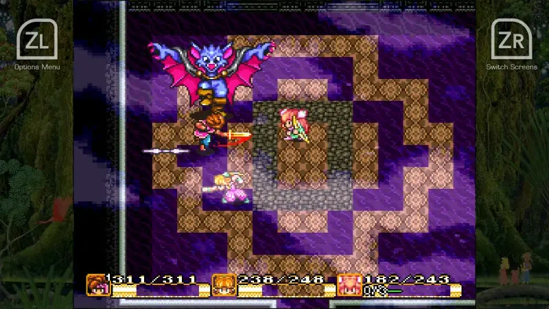 A scene from the video game Collection of Mana, featuring characters engaged in battle against a large, menacing monster amidst a colorful, patterned background.