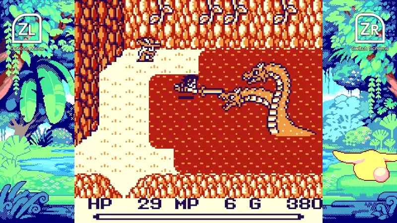 A scene from the video game Collection of Mana, featuring a character battling a multi-headed dragon in a colorful, pixelated landscape.