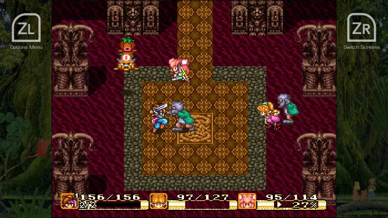 A scene from the video game Collection of Mana, featuring a group of colorful characters engaged in a battle in a richly decorated temple setting.